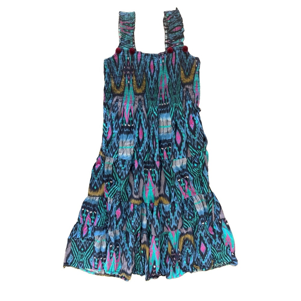 Figue Size M/L Blue Pink Teal Poplin Tiered Bohemian Midi Dress Pom Pom Strap